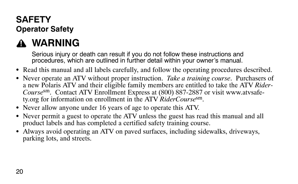 Warning, Safety | Polaris Outlaw User Manual | Page 23 / 200
