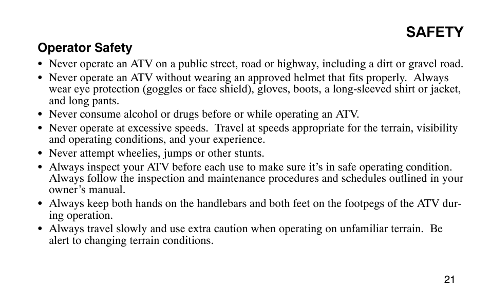 Safety | Polaris Outlaw User Manual | Page 24 / 200