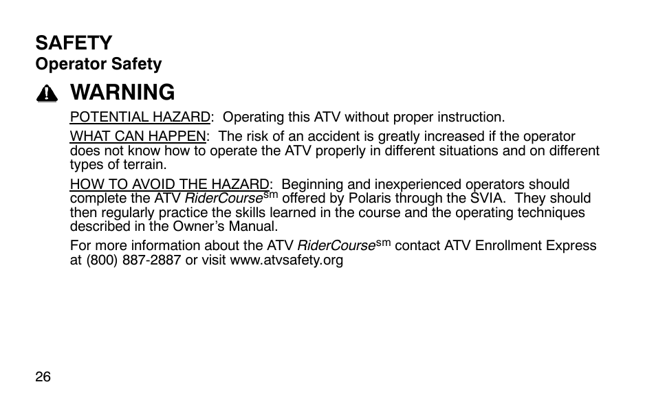 Warning, Safety | Polaris Outlaw User Manual | Page 29 / 200