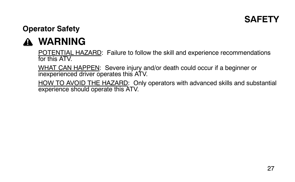 Warning, Safety | Polaris Outlaw User Manual | Page 30 / 200