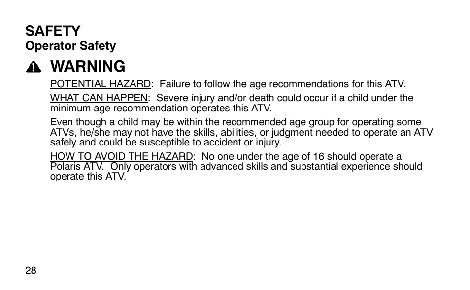 Warning, Safety | Polaris Outlaw User Manual | Page 31 / 200