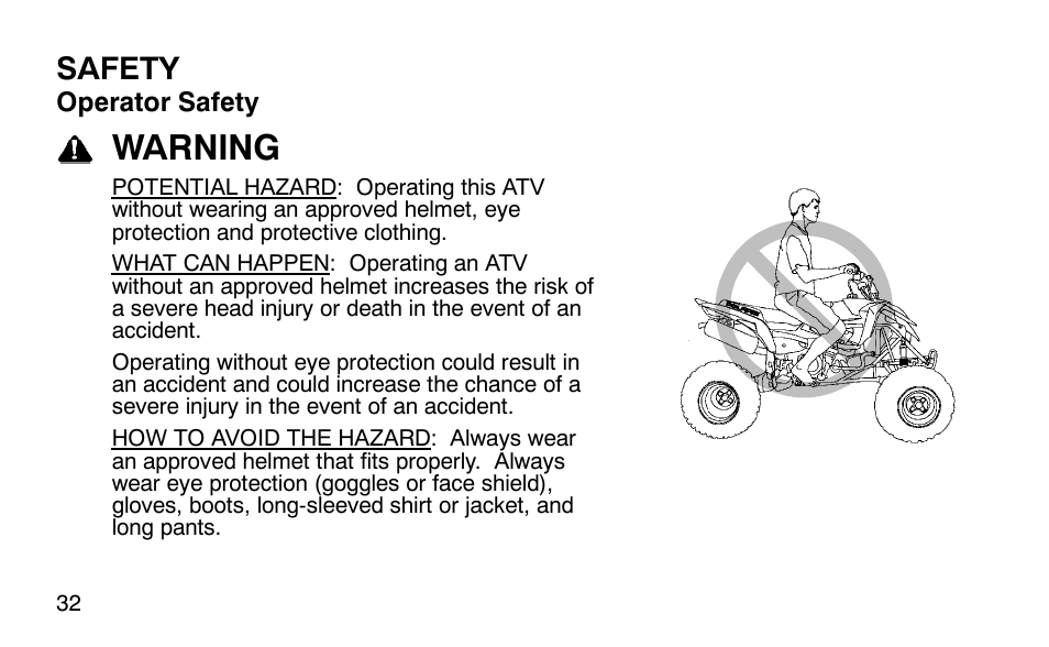 Warning, Safety | Polaris Outlaw User Manual | Page 35 / 200