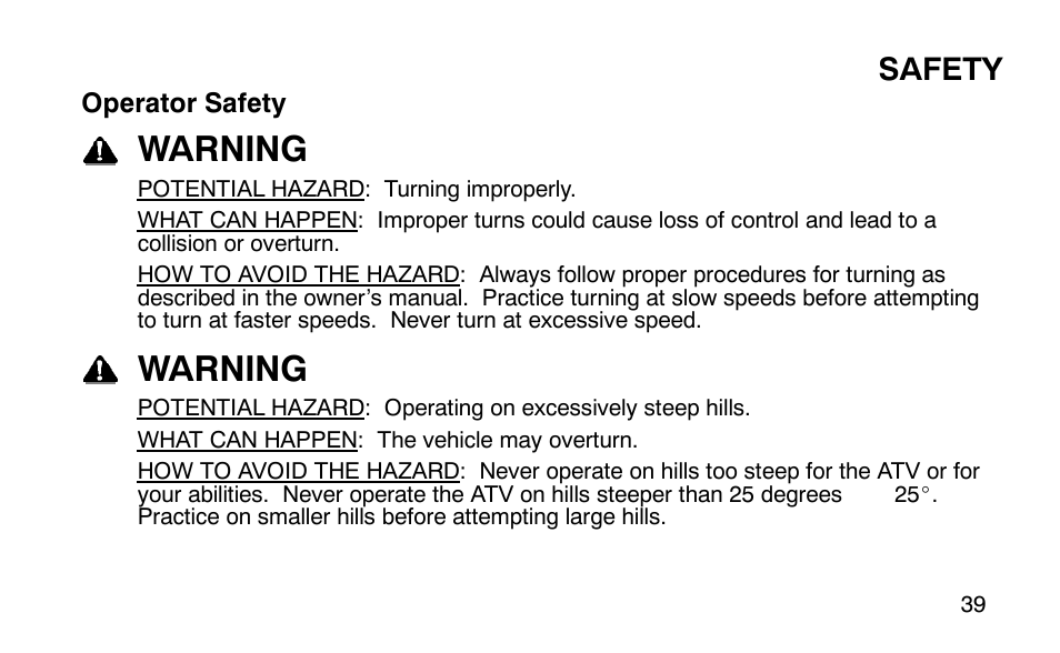 Warning, Safety | Polaris Outlaw User Manual | Page 42 / 200