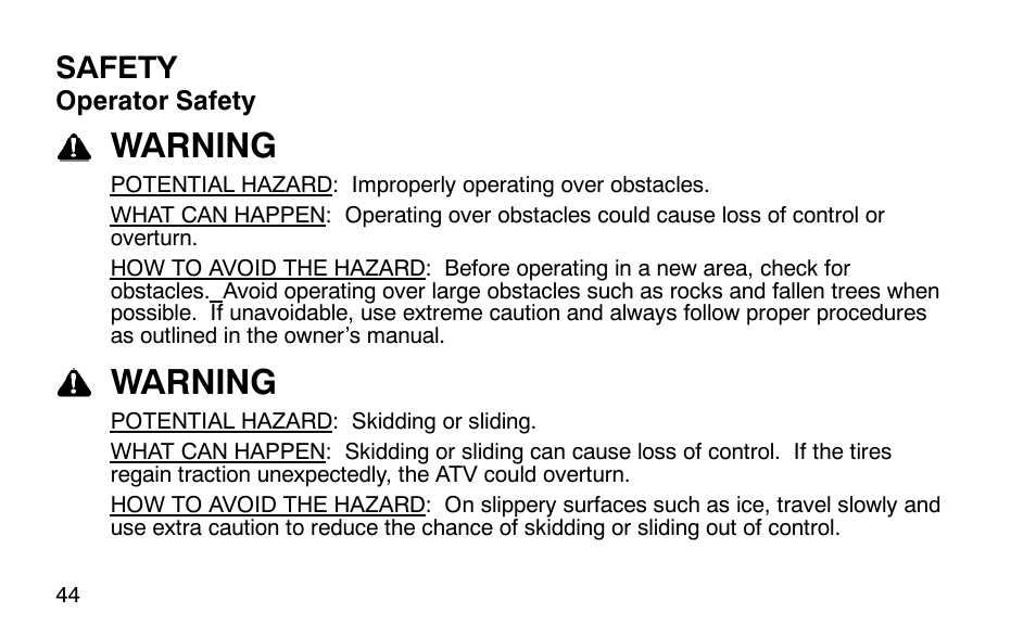 Warning, Safety | Polaris Outlaw User Manual | Page 47 / 200