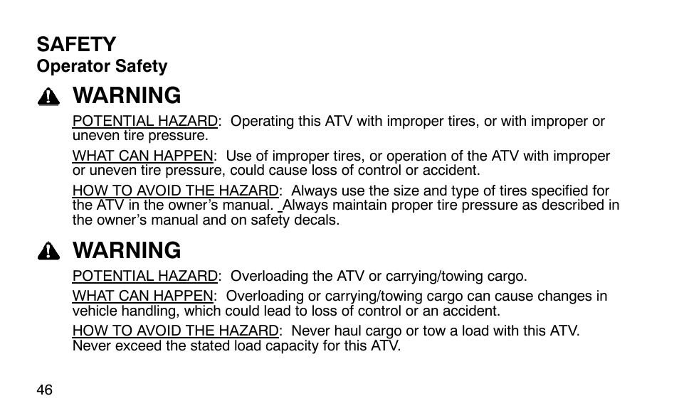 Warning, Safety | Polaris Outlaw User Manual | Page 49 / 200