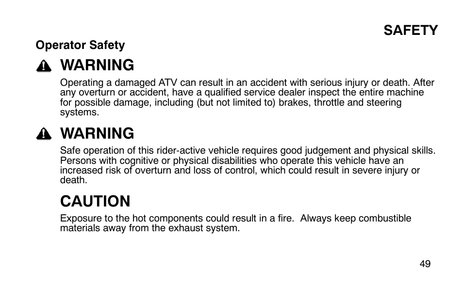 Warning, Caution, Safety | Polaris Outlaw User Manual | Page 52 / 200