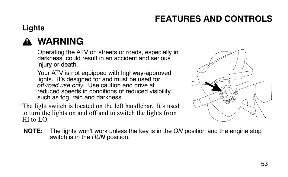 Warning, Features and controls | Polaris Outlaw User Manual | Page 56 / 200