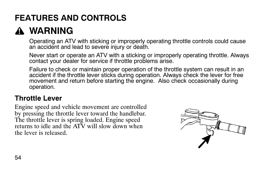 Warning, Features and controls | Polaris Outlaw User Manual | Page 57 / 200