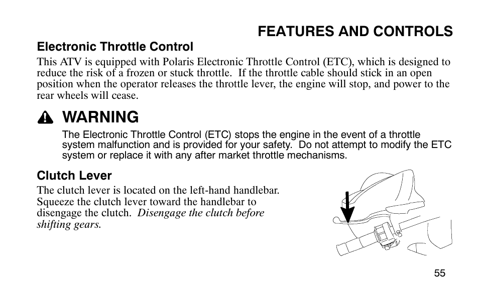 Warning, Features and controls | Polaris Outlaw User Manual | Page 58 / 200