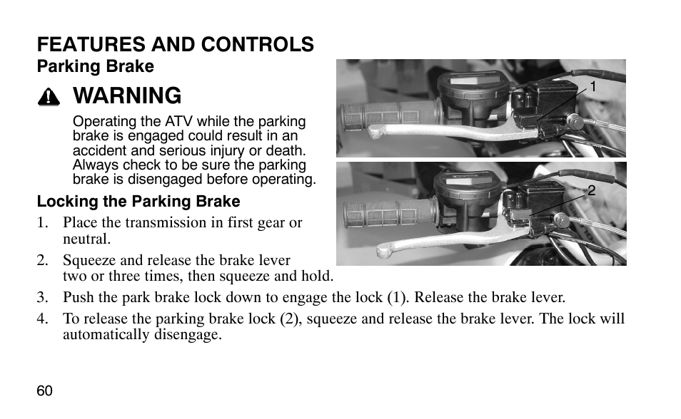 Warning, Features and controls | Polaris Outlaw User Manual | Page 63 / 200