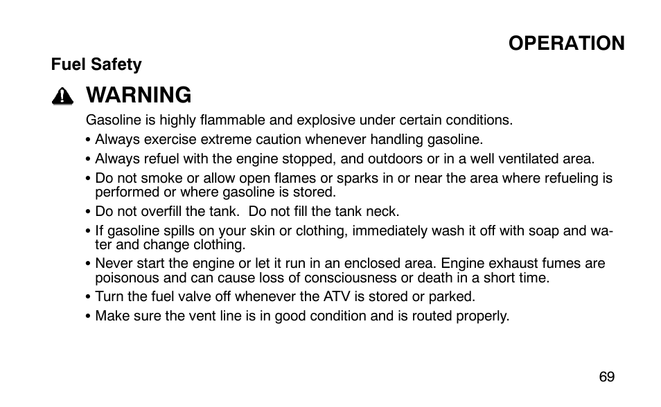 Warning, Operation | Polaris Outlaw User Manual | Page 72 / 200