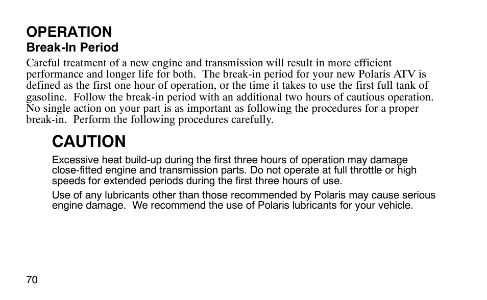 Caution, Operation | Polaris Outlaw User Manual | Page 73 / 200