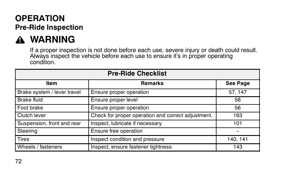 Warning, Operation, Pre-ride inspection | Polaris Outlaw User Manual | Page 75 / 200