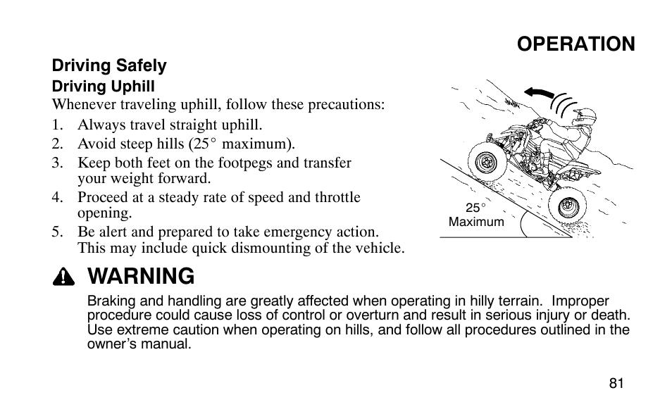 Warning, Operation | Polaris Outlaw User Manual | Page 84 / 200
