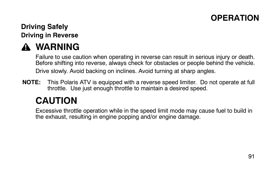 Warning, Caution, Operation | Polaris Outlaw User Manual | Page 94 / 200