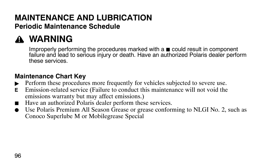 Warning, Maintenance and lubrication | Polaris Outlaw User Manual | Page 99 / 200