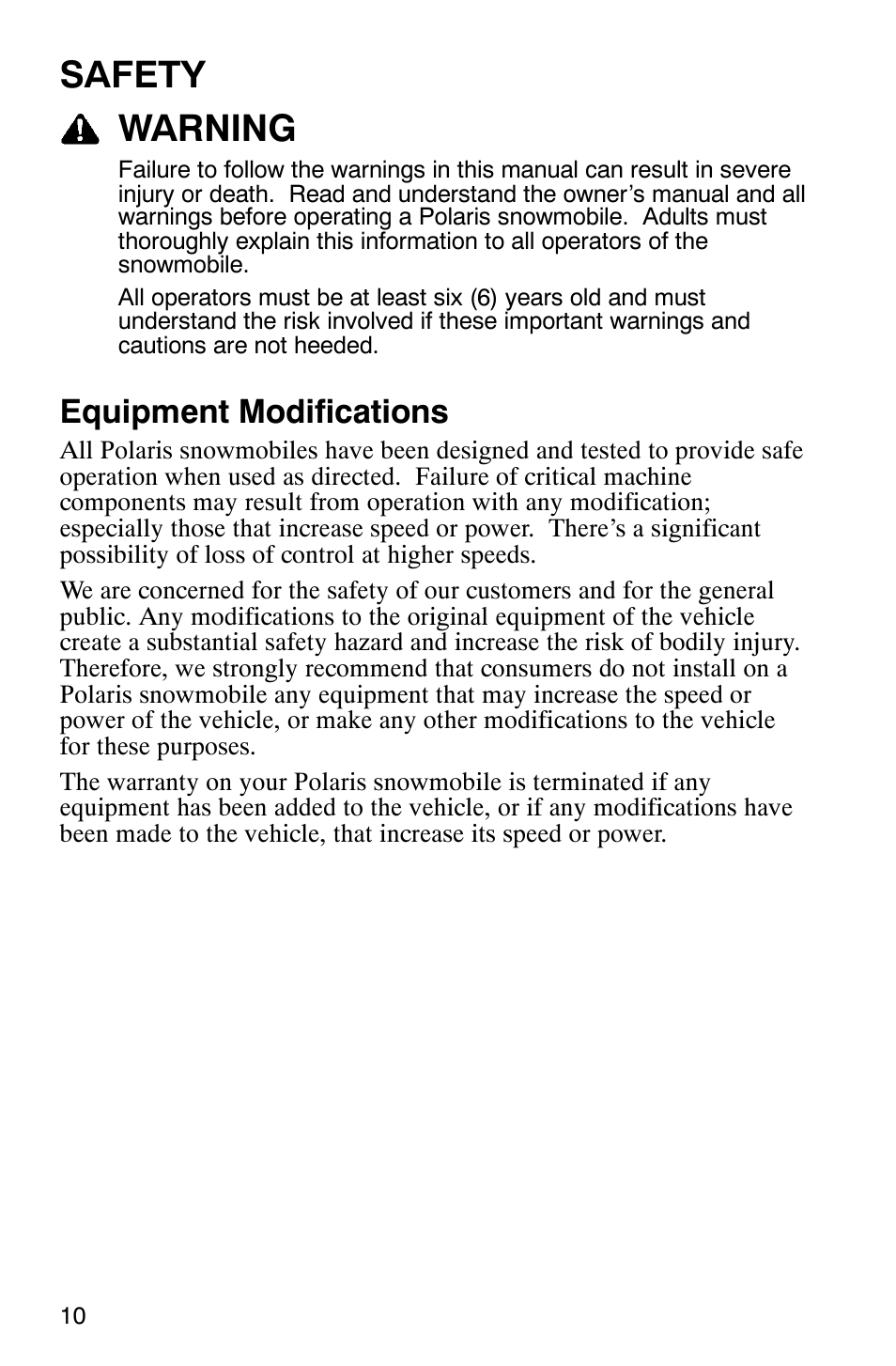 Safety warning, Equipment modifications | Polaris 120 Pro X User Manual | Page 13 / 92