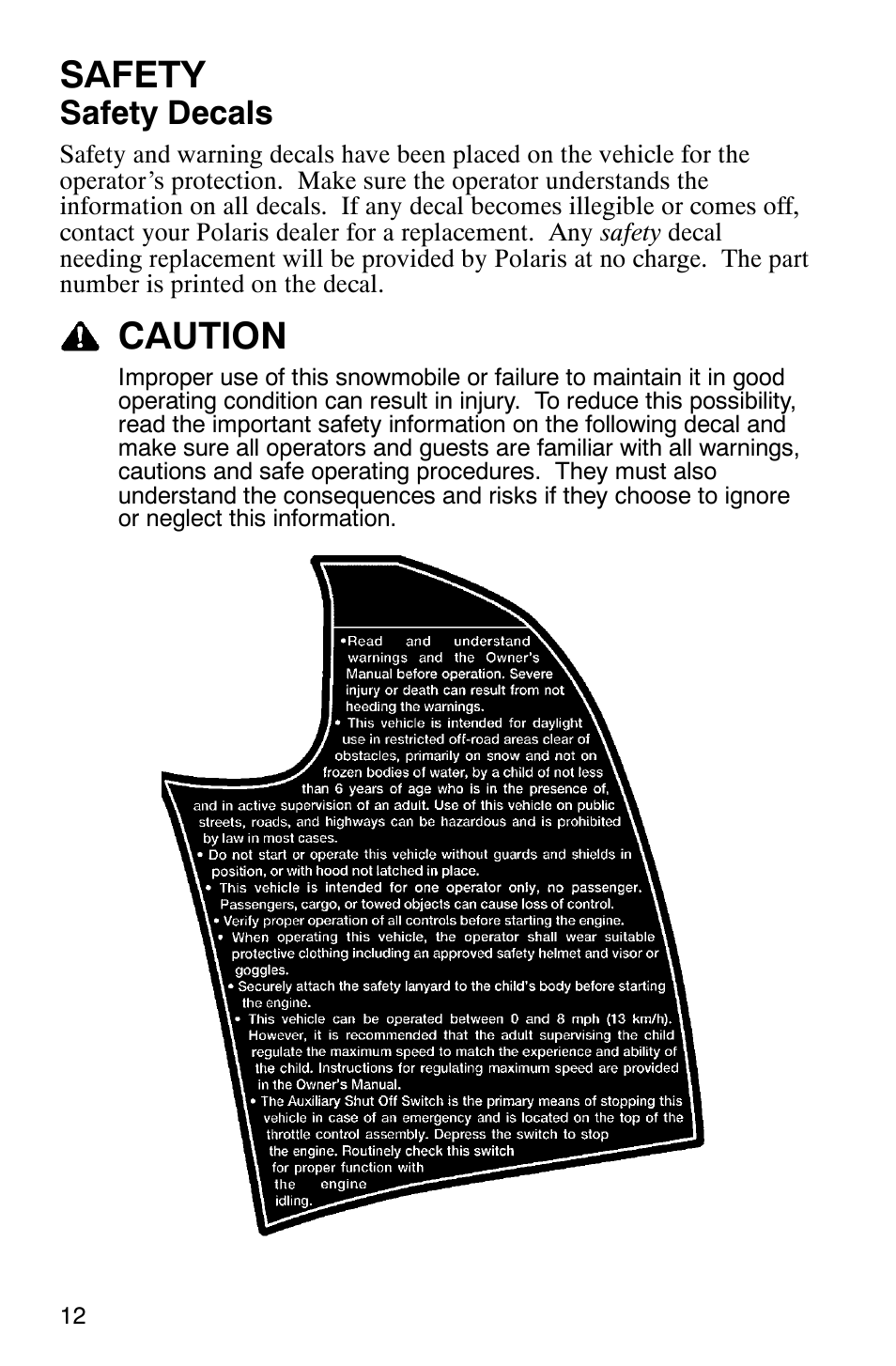 Safety, Caution, Safety decals | Polaris 120 Pro X User Manual | Page 15 / 92