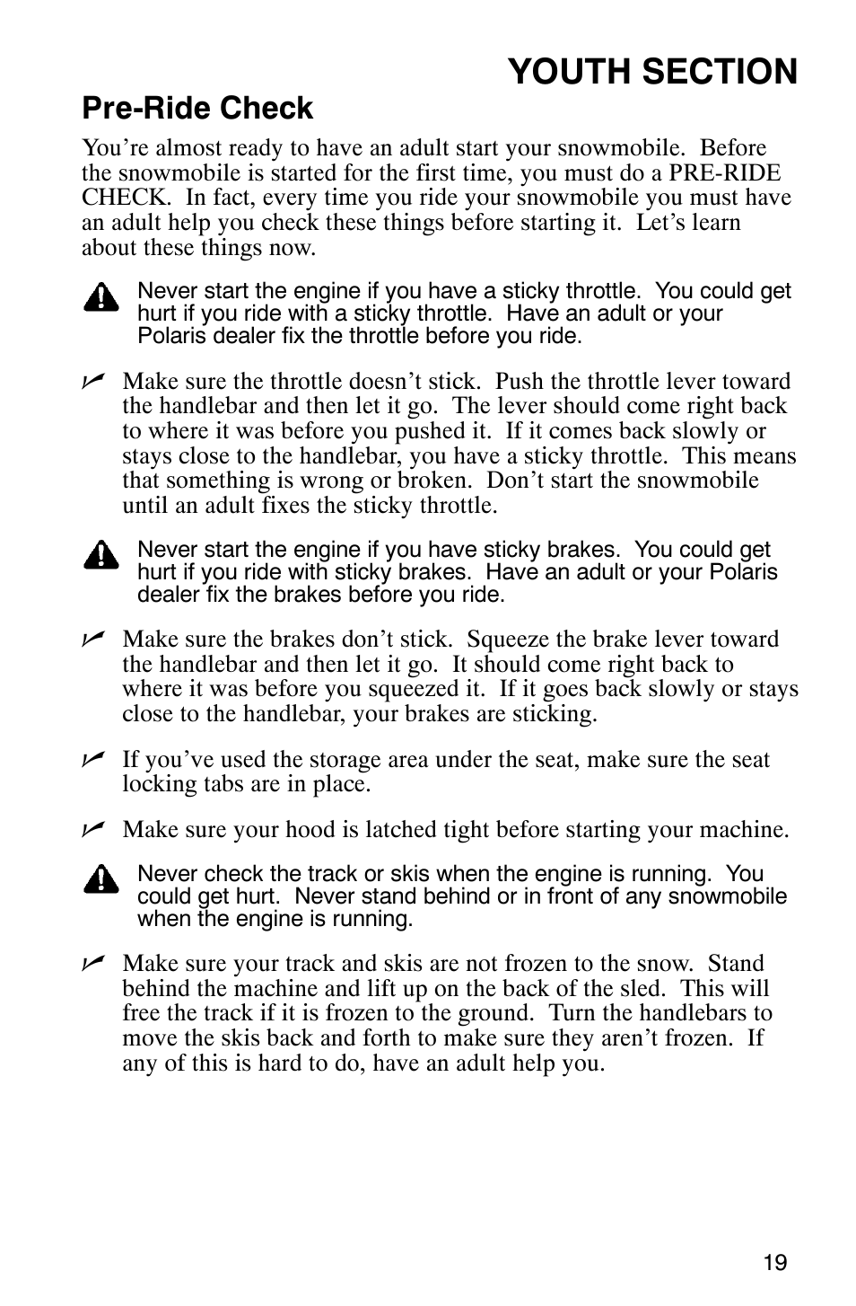 Pre-ride check | Polaris 120 Pro X User Manual | Page 22 / 92