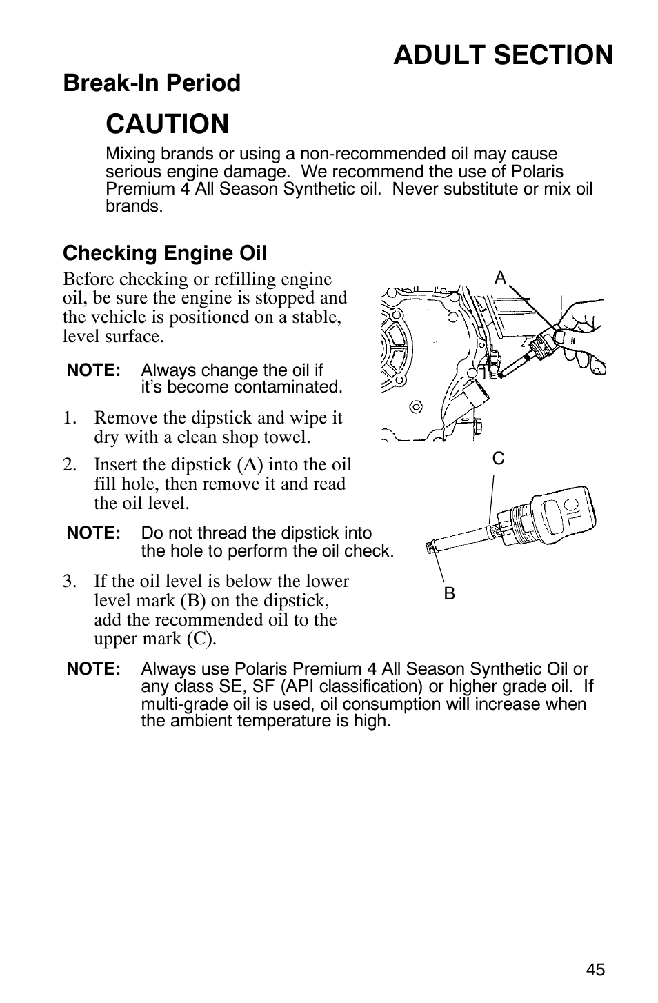 Caution, Break-in period | Polaris 120 Pro X User Manual | Page 48 / 92