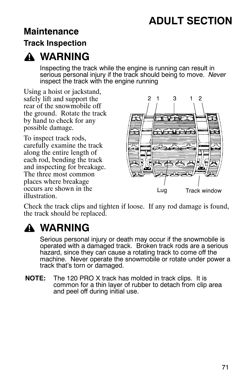 Warning, Maintenance | Polaris 120 Pro X User Manual | Page 74 / 92