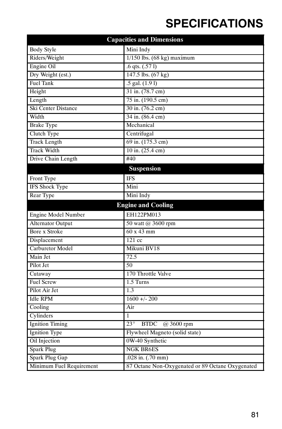 Specifications | Polaris 120 Pro X User Manual | Page 84 / 92