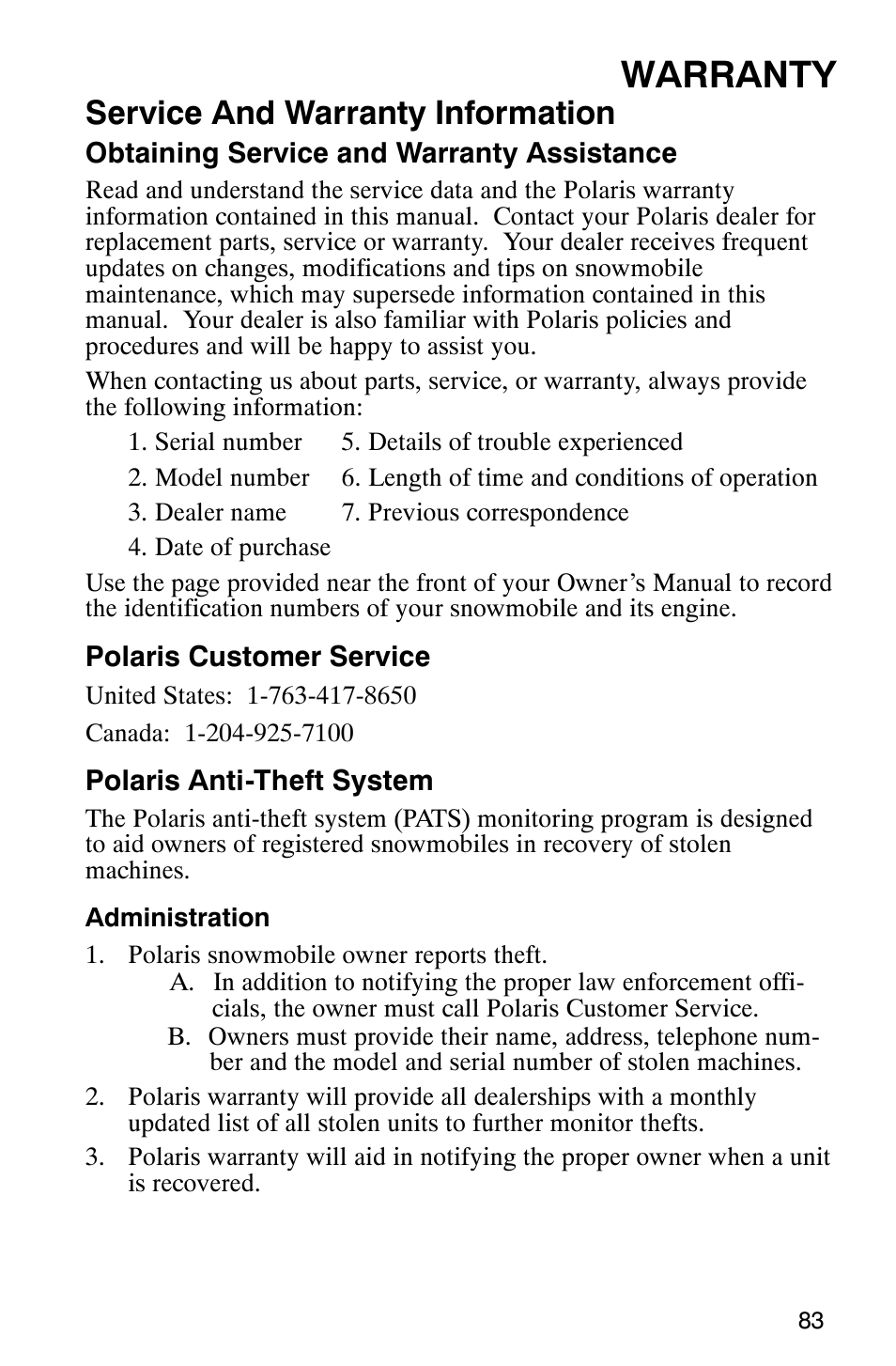 Warranty, Service and warranty information | Polaris 120 Pro X User Manual | Page 86 / 92