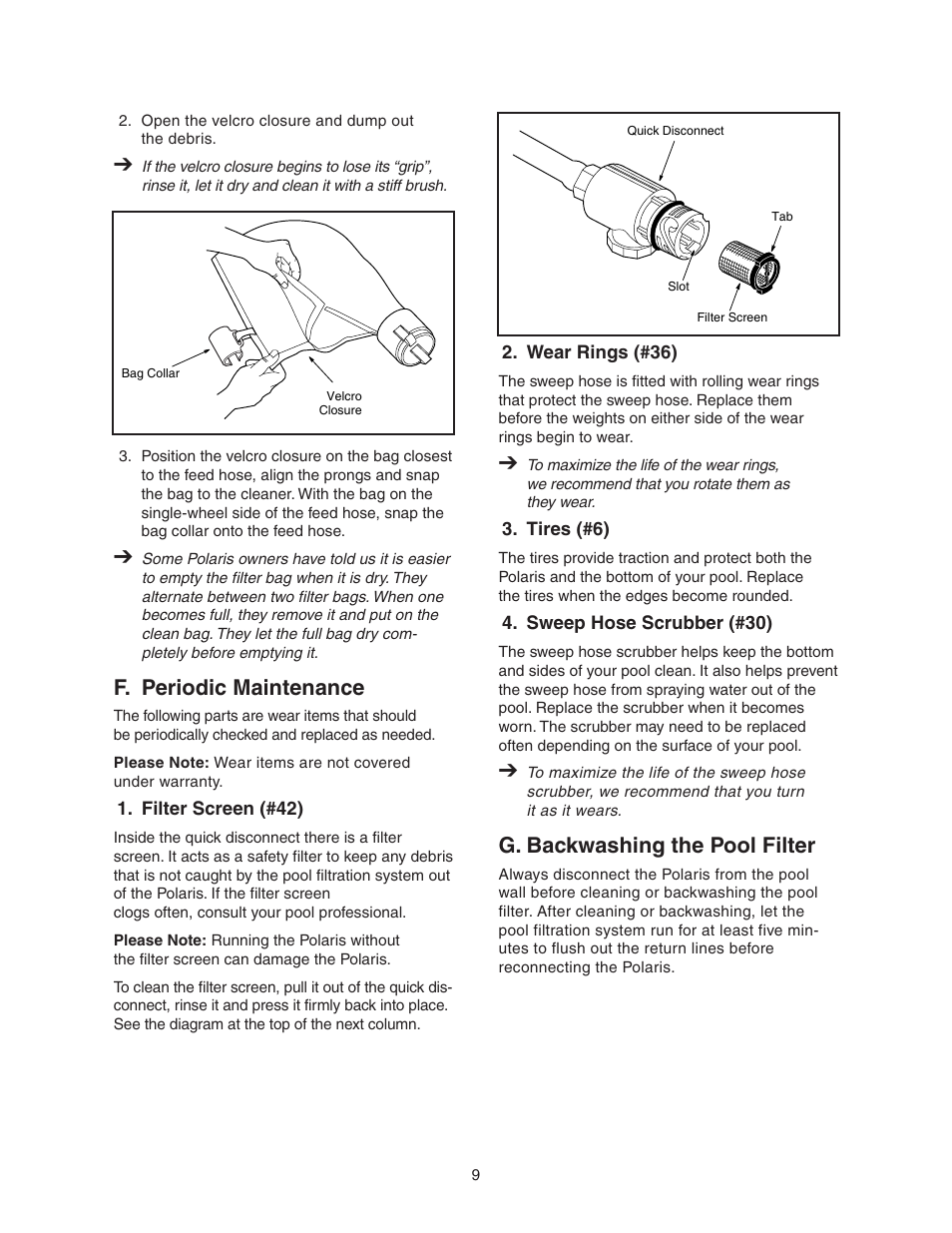 F. periodic maintenance, Filter screen, Wear rings | Tires, Sweep hose scrubber, G. backwashing the pool filter | Polaris 380 User Manual | Page 10 / 19