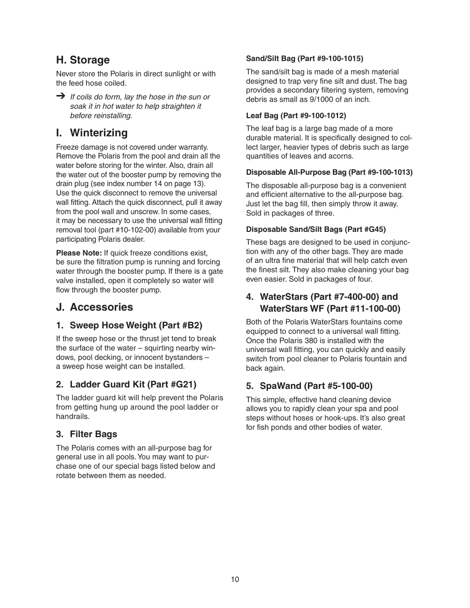 H. storage, I. winterizing, J. accessories | Sweep hose weight, Ladder guard kit, Filter bags, Waterstars and waterstars wf, Spawand | Polaris 380 User Manual | Page 11 / 19