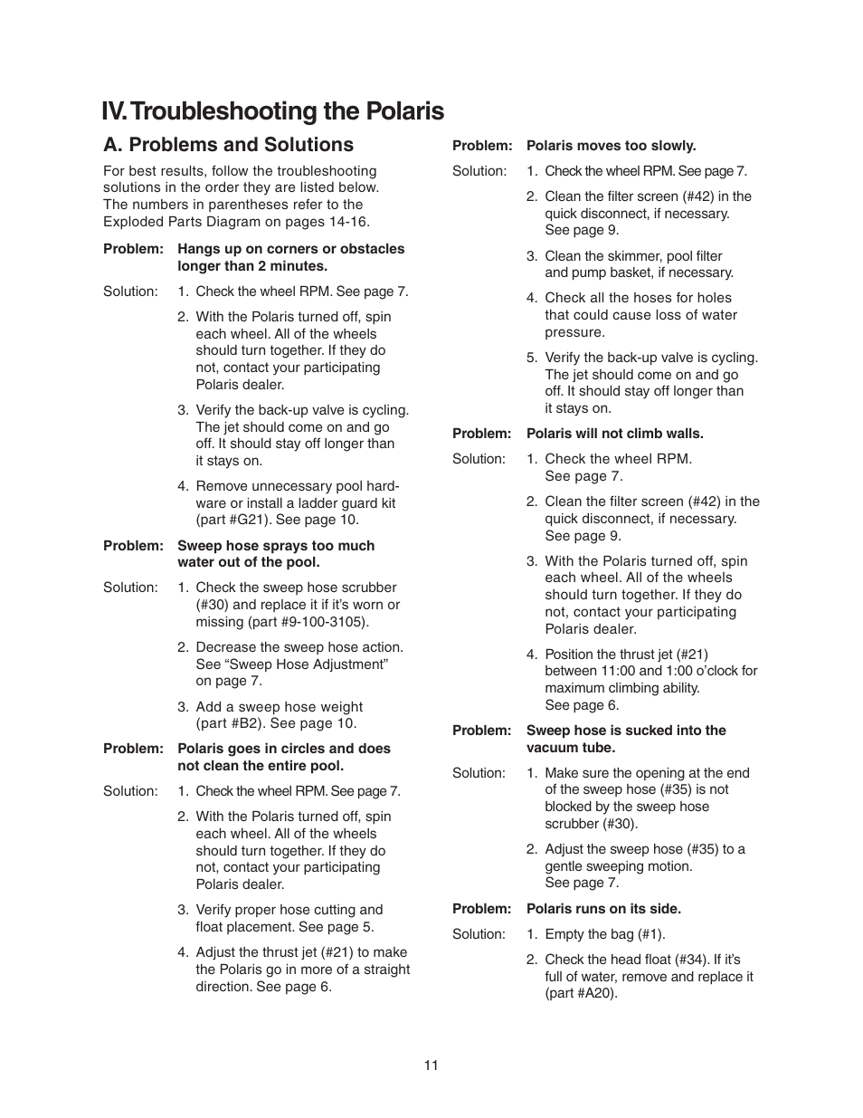Iv. troubleshooting the polaris, A. problems and solutions, Iv.troubleshooting the polaris | Polaris 380 User Manual | Page 12 / 19