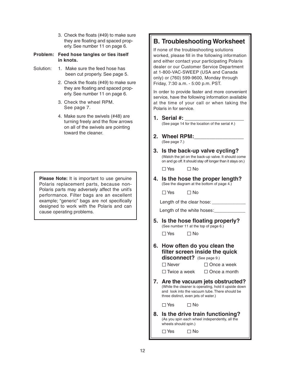 B. troubleshooting worksheet | Polaris 380 User Manual | Page 13 / 19