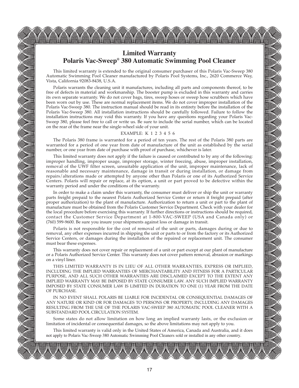 Warranty information, Warranty, Limited warranty polaris vac-sweep | 380 automatic swimming pool cleaner | Polaris 380 User Manual | Page 18 / 19