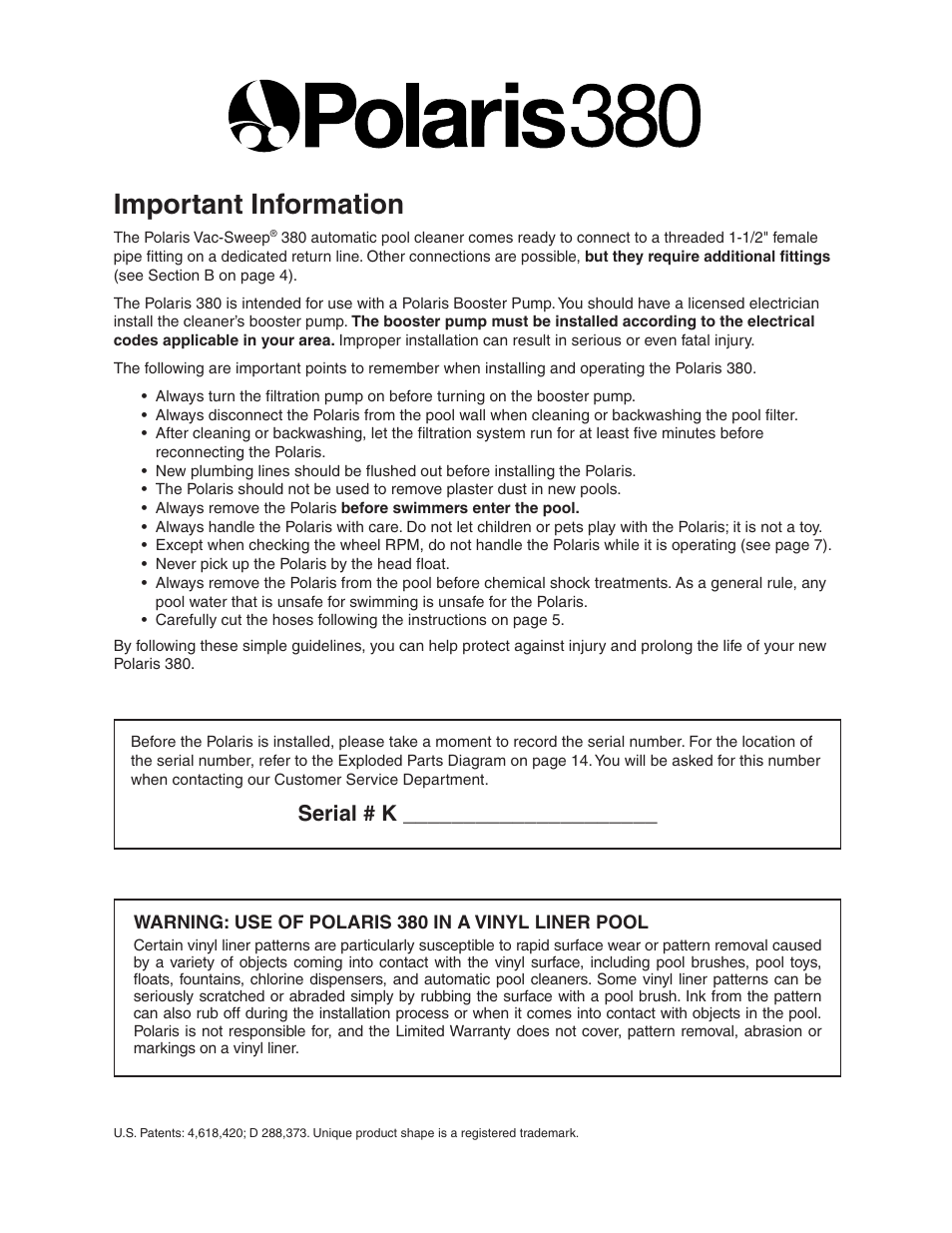 Important information, Serial # k | Polaris 380 User Manual | Page 2 / 19