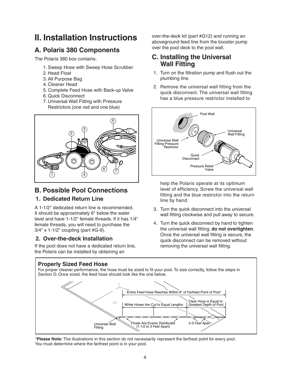 Ii. installation instructions, A. polaris 380 components, B. possible pool connections | C. installing the universal wall fitting, Dedicated return line, Over-the-deck installation, Properly sized feed hose | Polaris 380 User Manual | Page 5 / 19