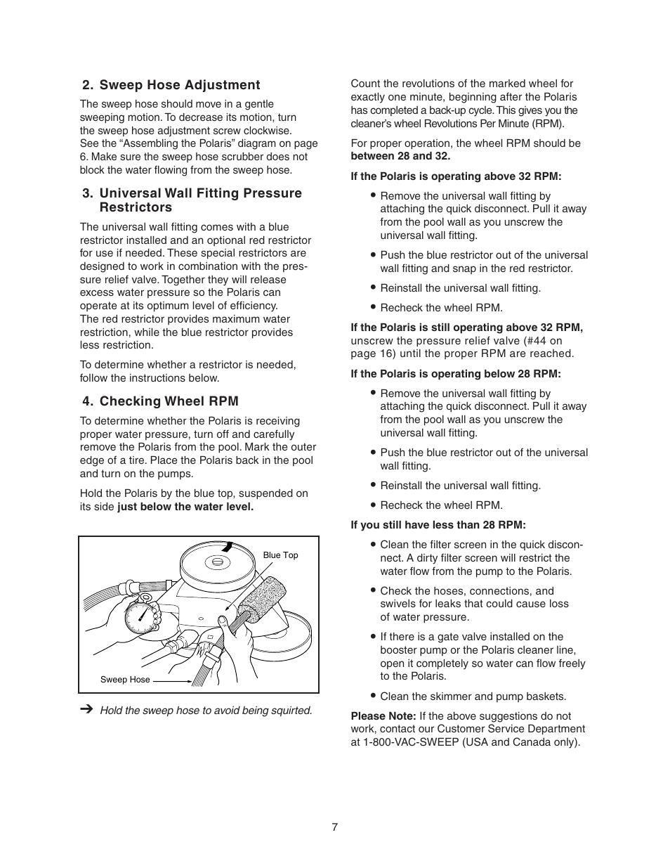 Sweep hose adjustment, Universal wall fitting pressure restrictors, Checking wheel rpm | Iii.operation and maintenance, A. what to expect from your polaris 380, B. turning on/off the polaris, C. operating time, D. connecting/disconnecting the polaris, E. cleaning the filter bag | Polaris 380 User Manual | Page 8 / 19