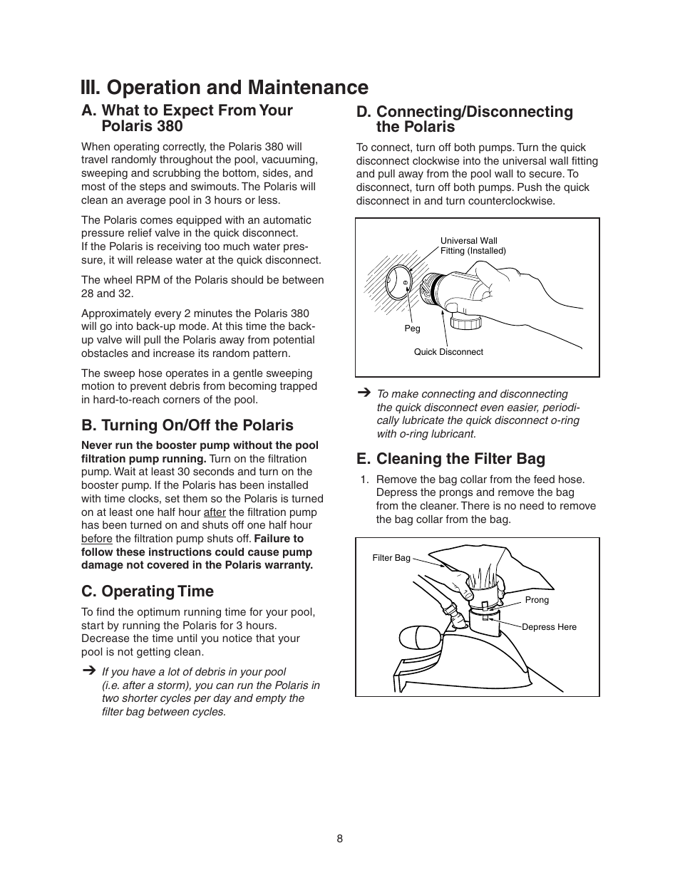 Iii. operation and maintenance, A. what to expect from your polaris 380, B. turning on/off the polaris | C. operating time, D. connecting/disconnecting the polaris, E. cleaning the filter bag | Polaris 380 User Manual | Page 9 / 19