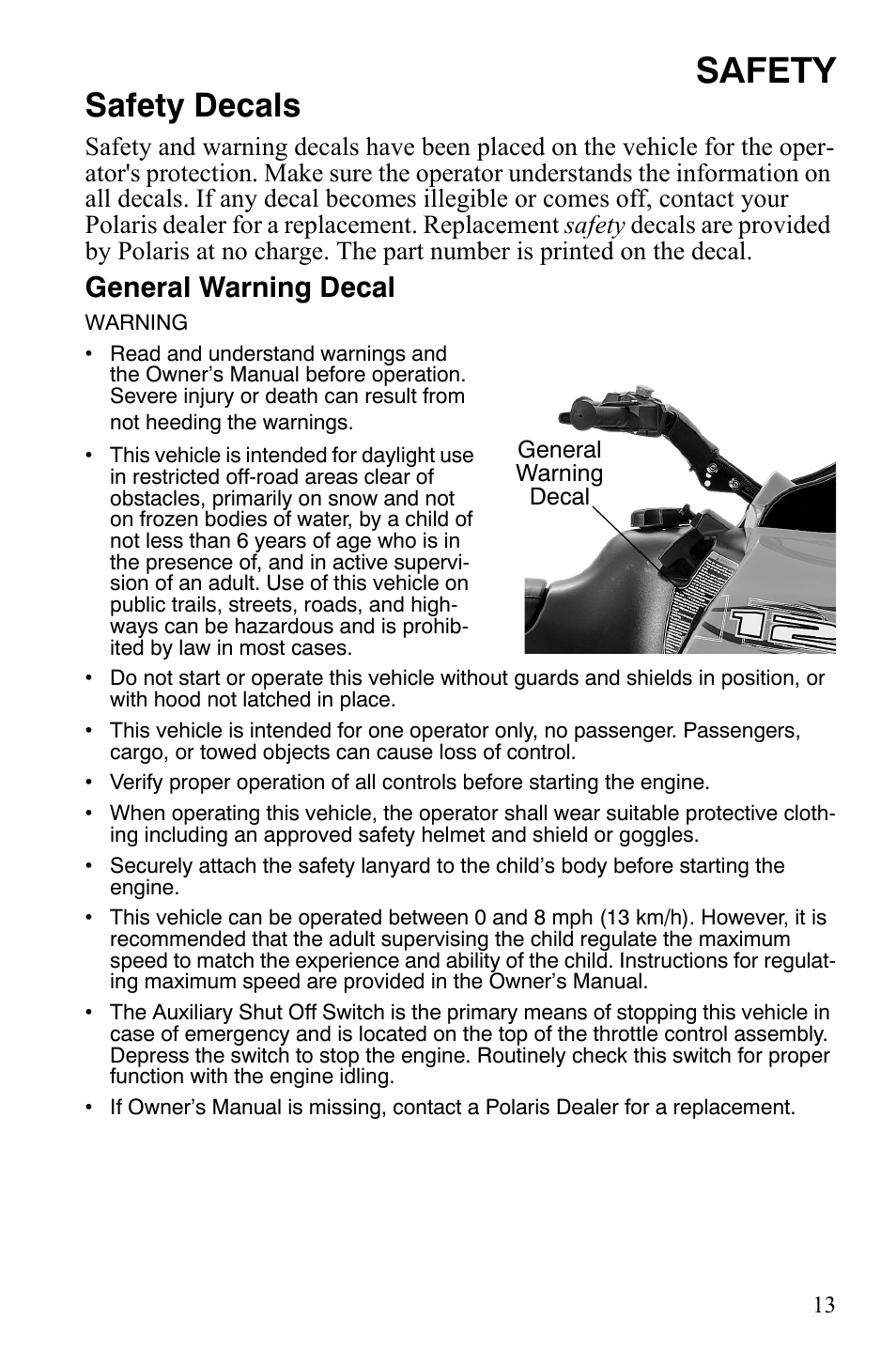 Safety, Safety decals, General warning decal | Polaris 120 Youth User Manual | Page 16 / 100