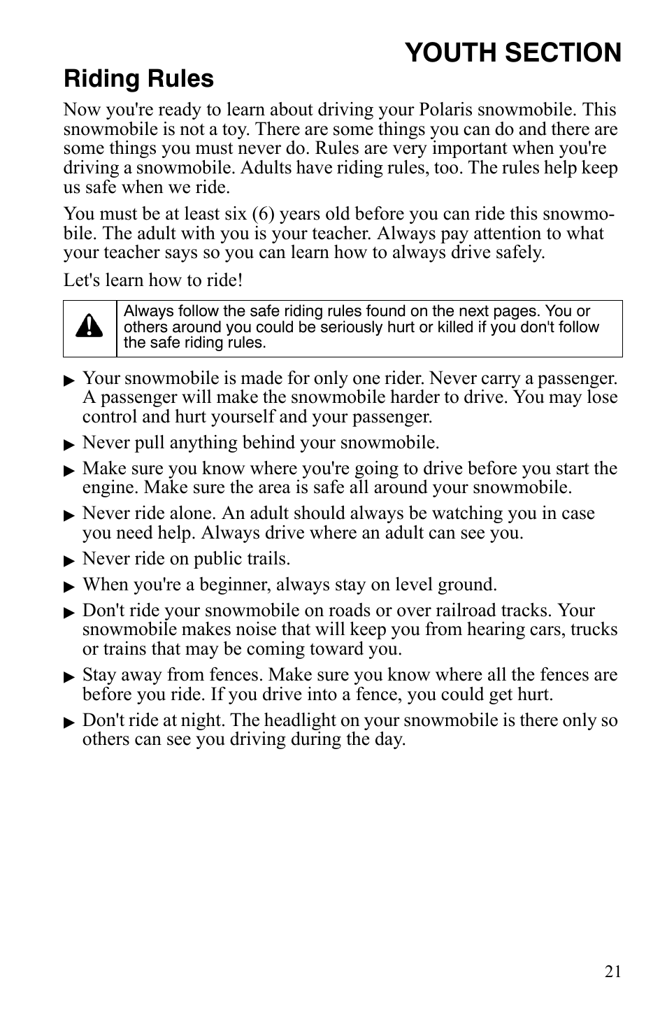 Riding rules | Polaris 120 Youth User Manual | Page 24 / 100