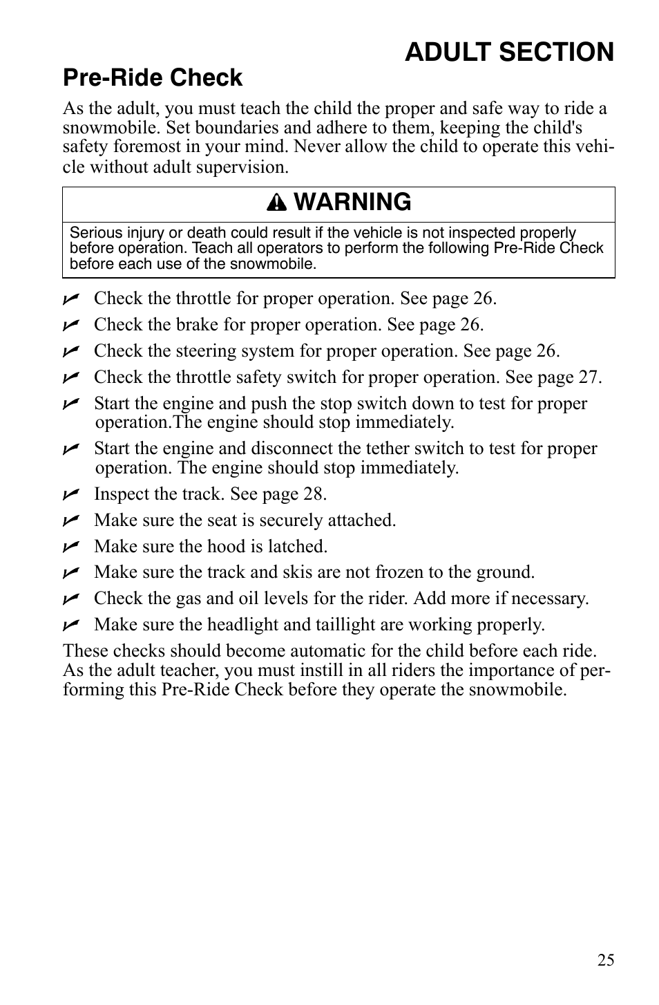 Pre-ride check, Warning | Polaris 120 Youth User Manual | Page 28 / 100
