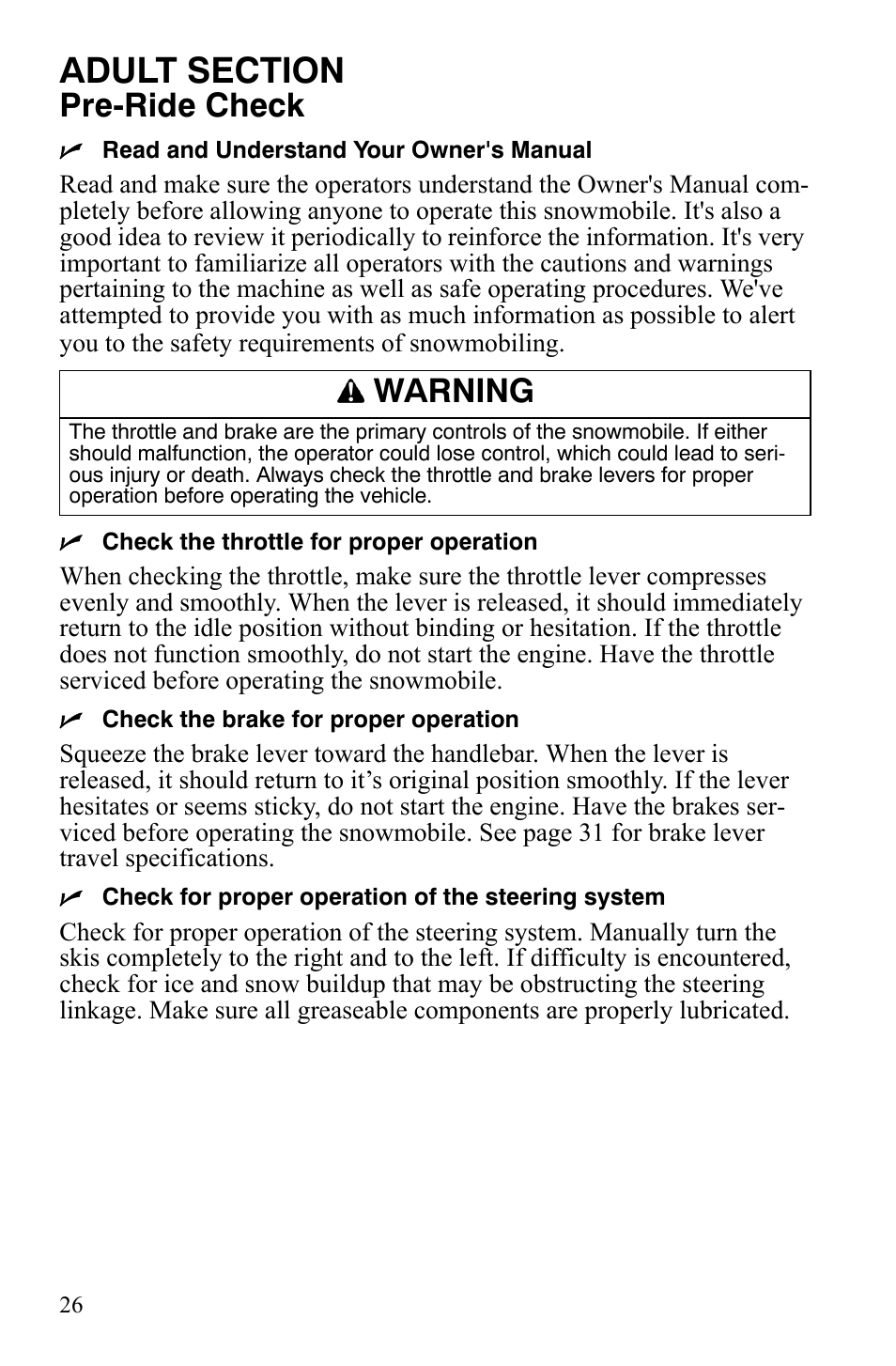 Pre-ride check, Warning | Polaris 120 Youth User Manual | Page 29 / 100