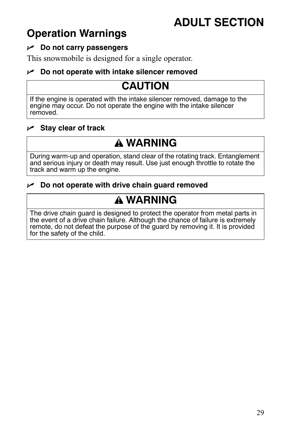 Operation warnings, Caution, Warning | Polaris 120 Youth User Manual | Page 32 / 100