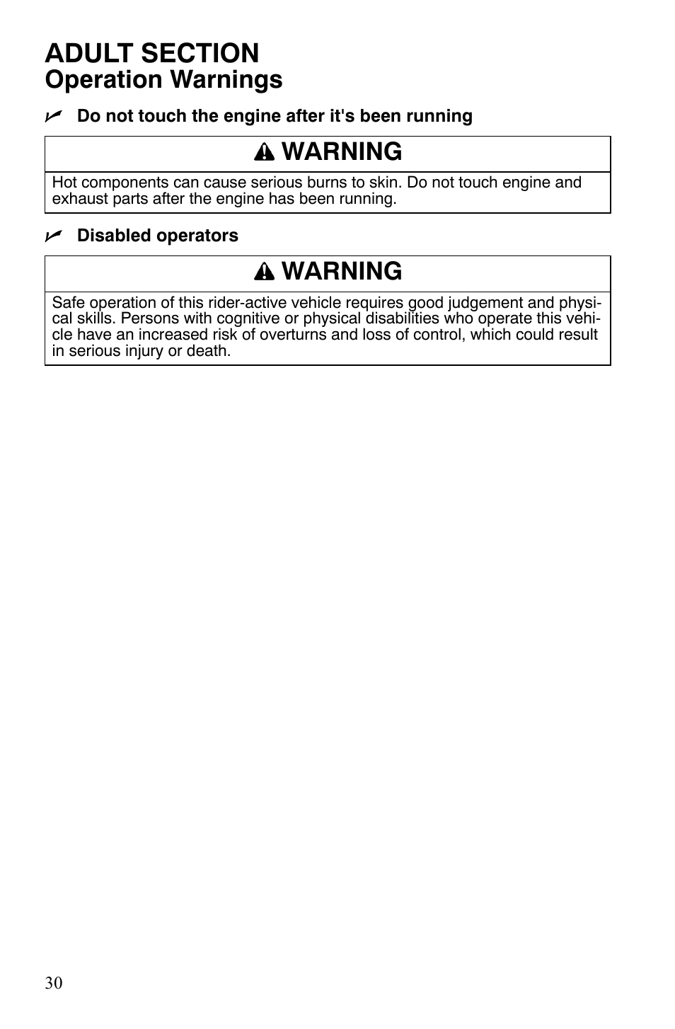 Operation warnings, Warning | Polaris 120 Youth User Manual | Page 33 / 100