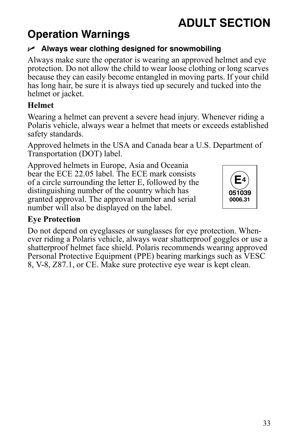 Operation warnings | Polaris 120 Youth User Manual | Page 36 / 100