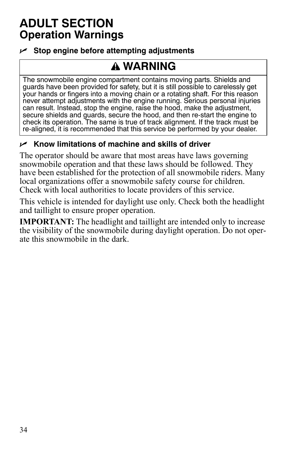 Operation warnings, Warning | Polaris 120 Youth User Manual | Page 37 / 100
