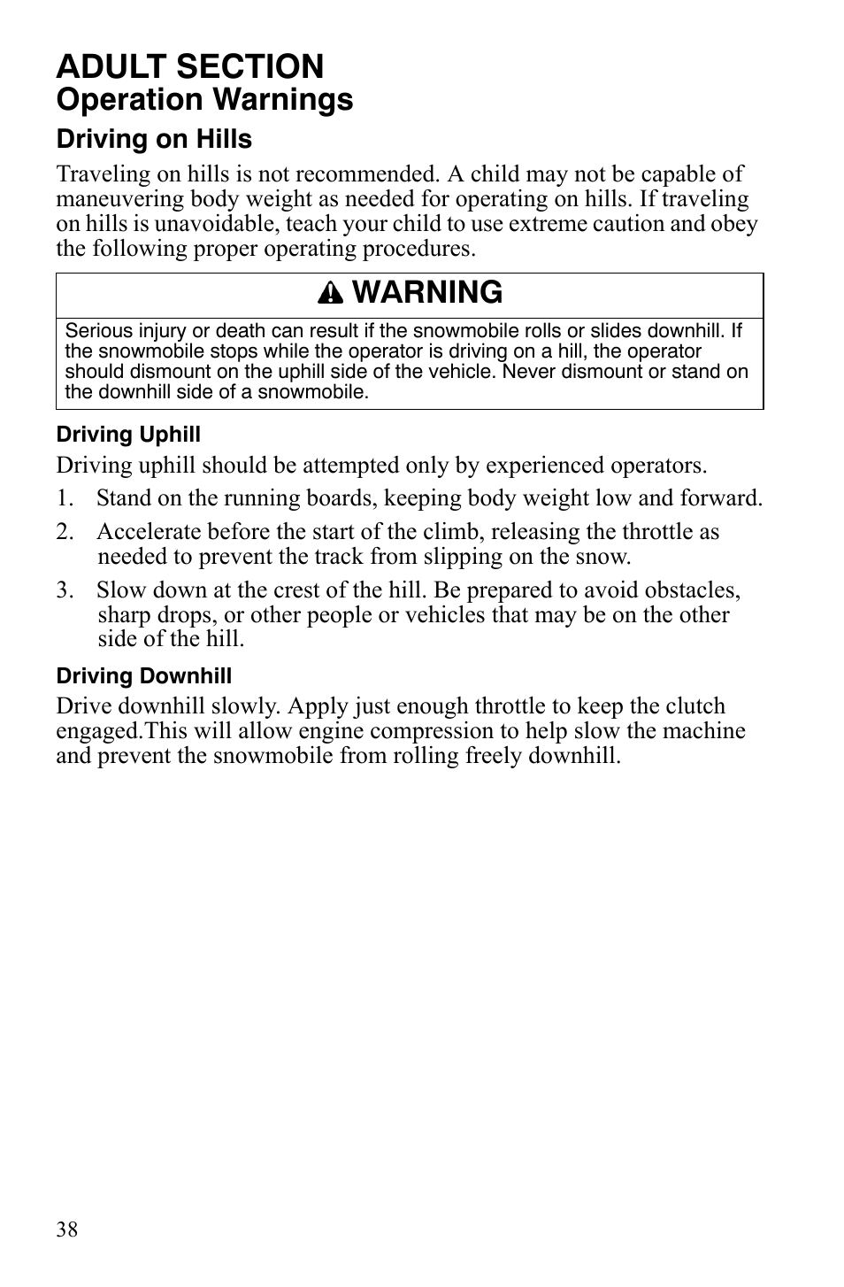 Operation warnings, Warning | Polaris 120 Youth User Manual | Page 41 / 100