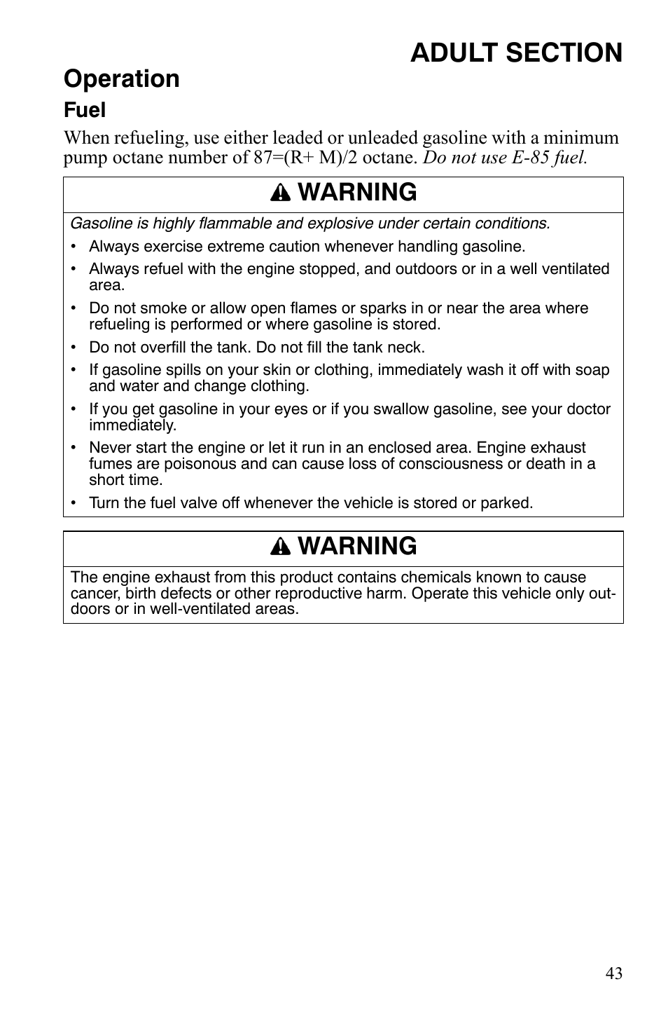 Operation, Warning, Fuel | Polaris 120 Youth User Manual | Page 46 / 100