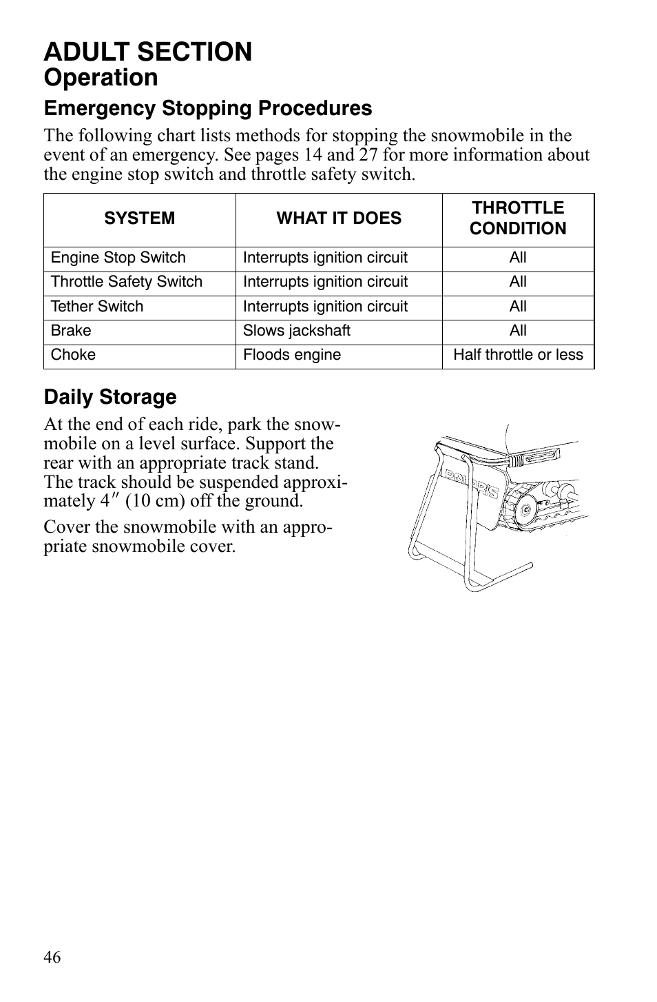 Operation, Emergency stopping procedures, Daily storage | Polaris 120 Youth User Manual | Page 49 / 100