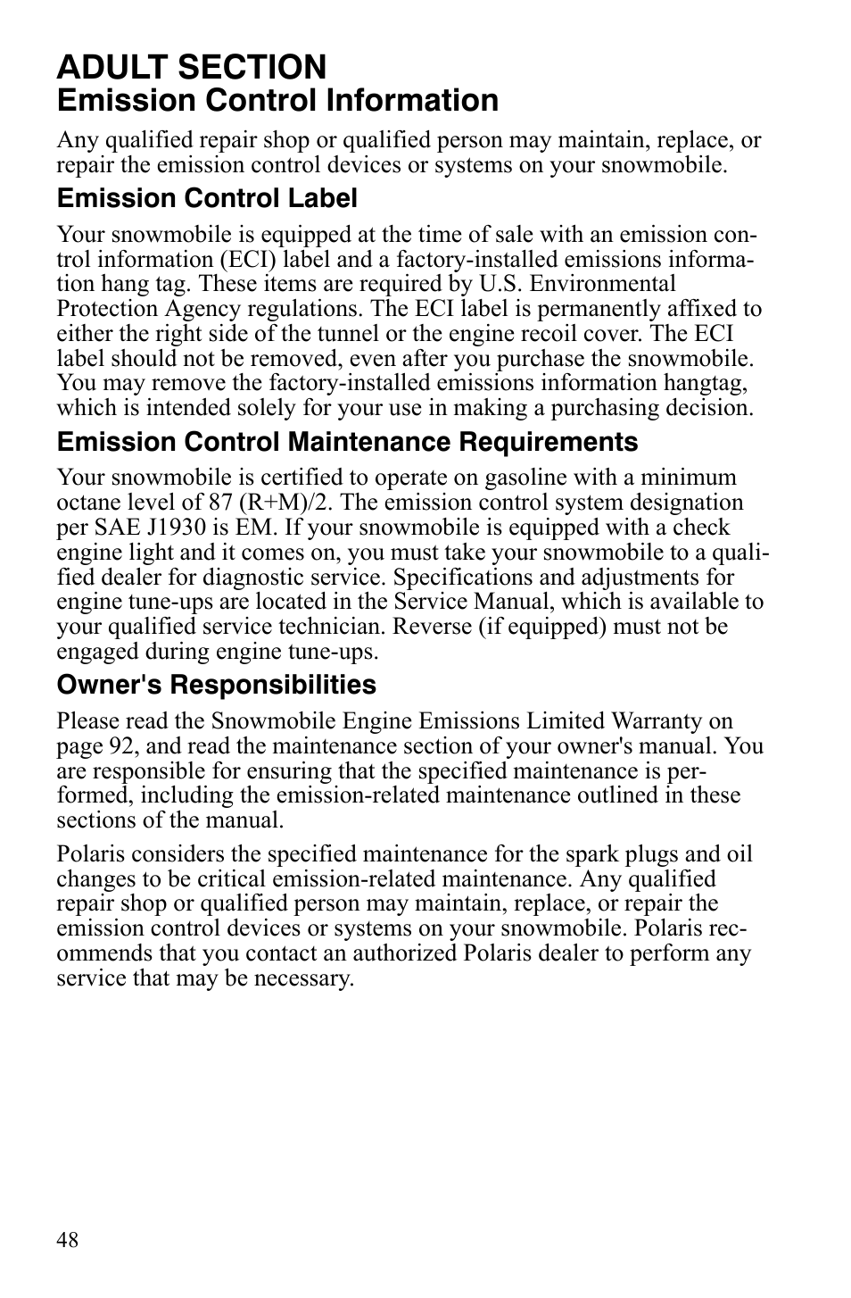 Emission control information | Polaris 120 Youth User Manual | Page 51 / 100