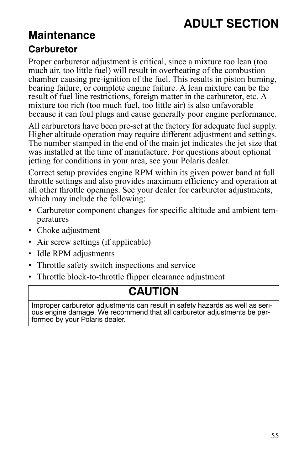 Maintenance, Caution | Polaris 120 Youth User Manual | Page 58 / 100