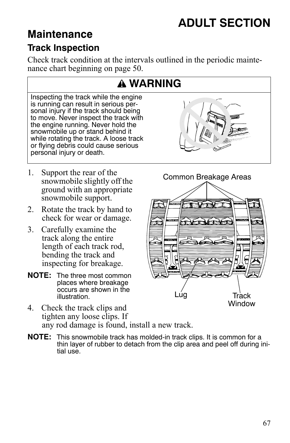 Maintenance, Warning, Track inspection | Polaris 120 Youth User Manual | Page 70 / 100